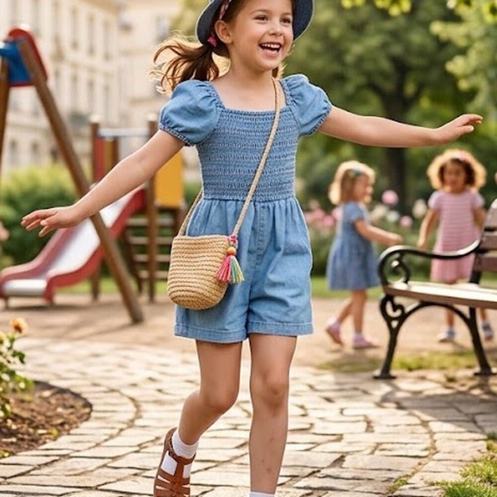 Gap Sz S Girls Denim Romper Sweet Smocked Puff Sleeves Adorable